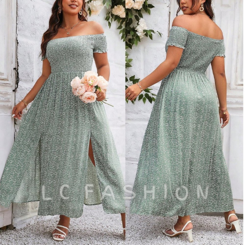 Plus Boho Dress, Off Shoulder Shirred Split Thigh Floral Dress, Summer dress